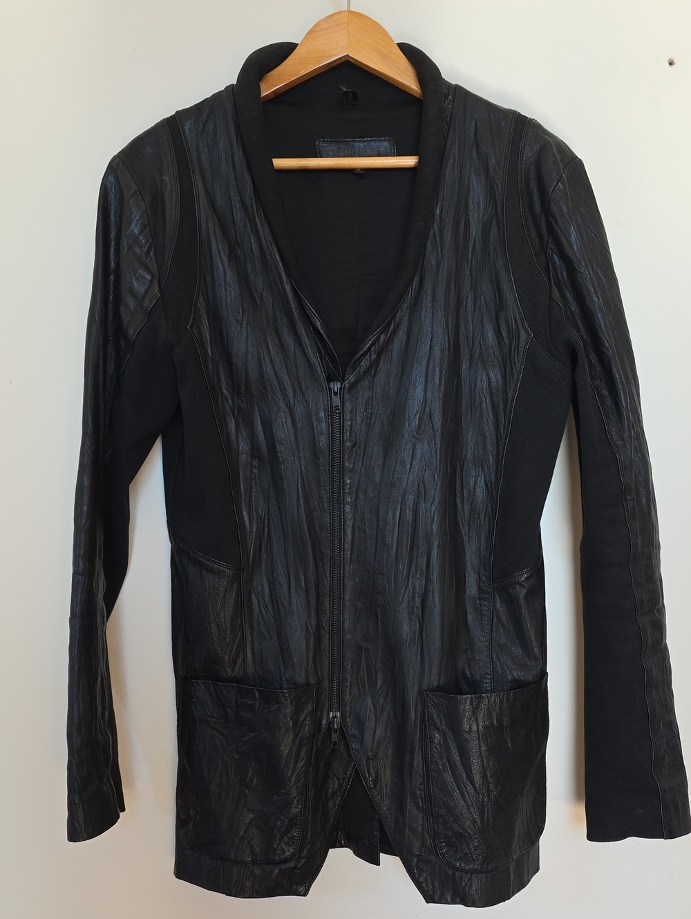 Skingraft Black Leather Front Zip Jacket with Knit Panels
